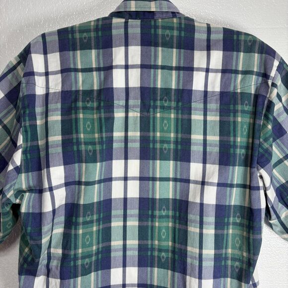 Roper Button Down Mens Medium 15.5 Short Sleeve Blue Green Plaid Shirt - Picture 6 of 7